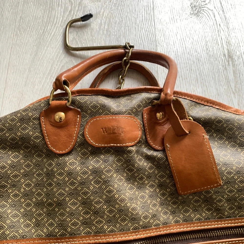 Vtg WBC Monogram‎ Garment Bag Travel Suit Cover Luggage Brown Jacquard